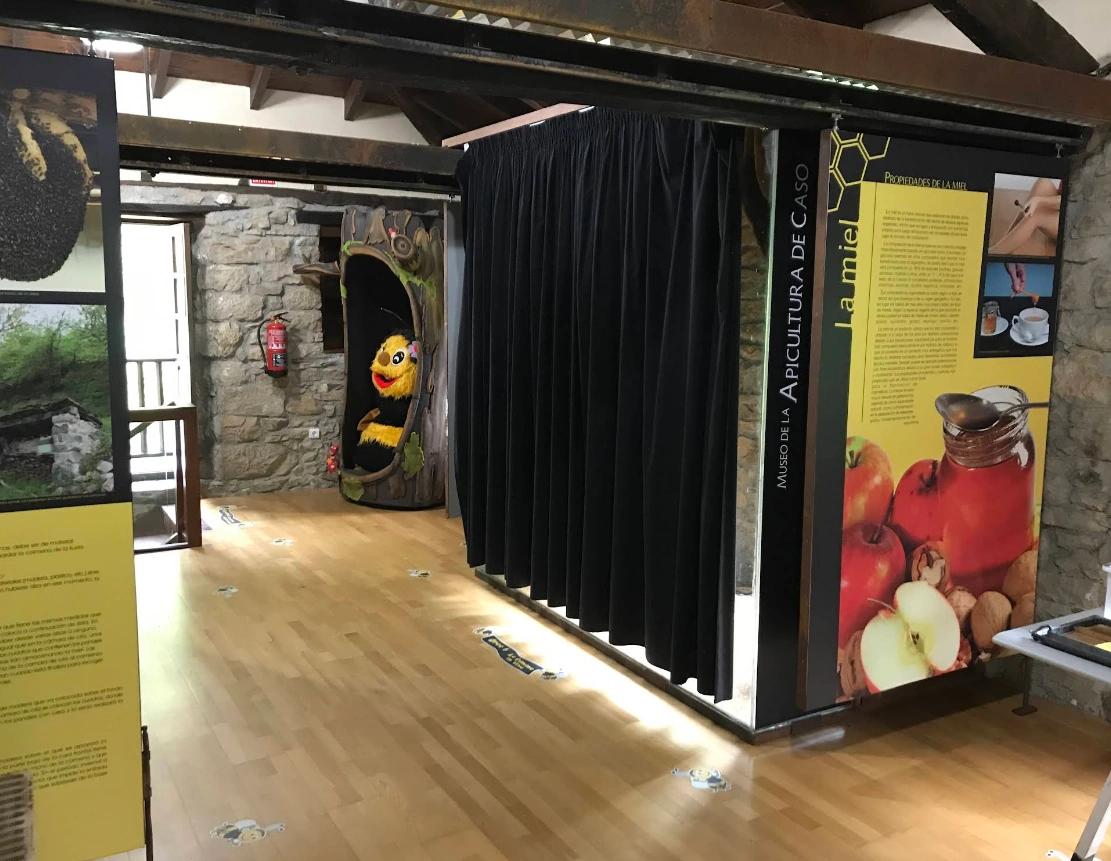 Interior del Museo de la Apicultura de Caso con paneles didácticos y zona infantil